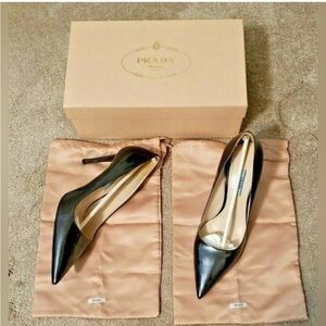 Prada Women's Vernice Taffetta Caffe Leather Heels EUC